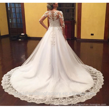 2016 Vestido De Noiva Princes Lace Bridal Gown Appliques Long Sleeve Puffy Vestidos de noiva CWF2329